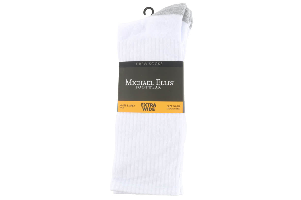 Michael Ellis BIG Crew Socks White/Grey 3-Pack - Extra Wide