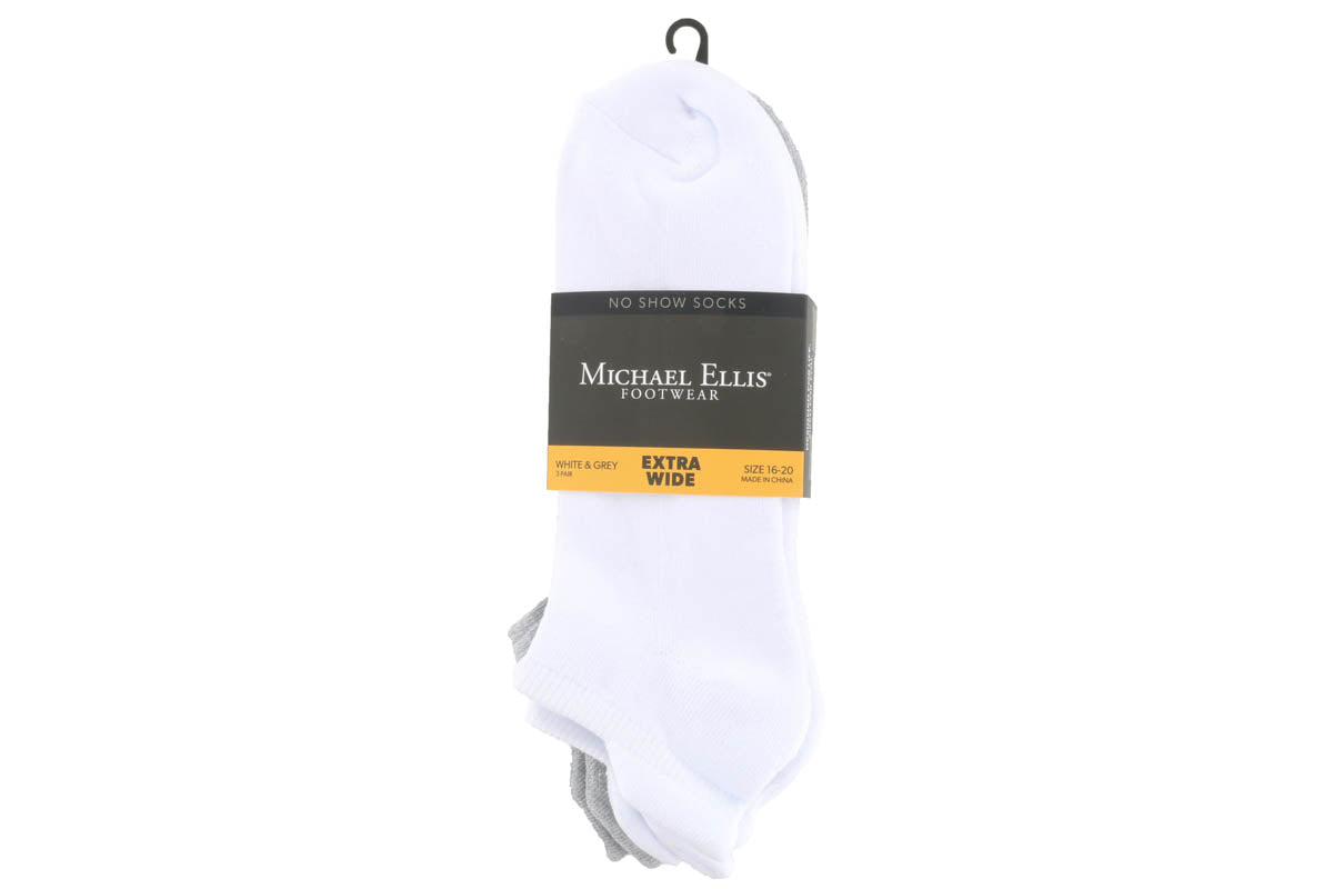 Michael Ellis BIG No Show Socks White/Grey 3-Pack - Extra Wide
